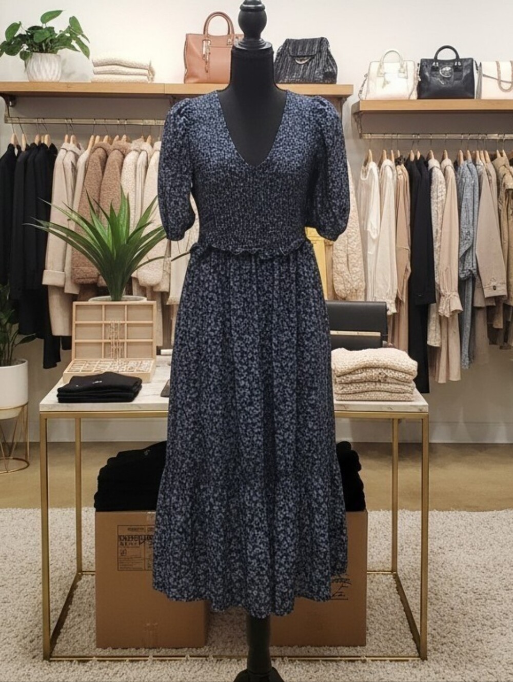 Universal Thread Smocked V-Neck Floral Midi Dress - Navy